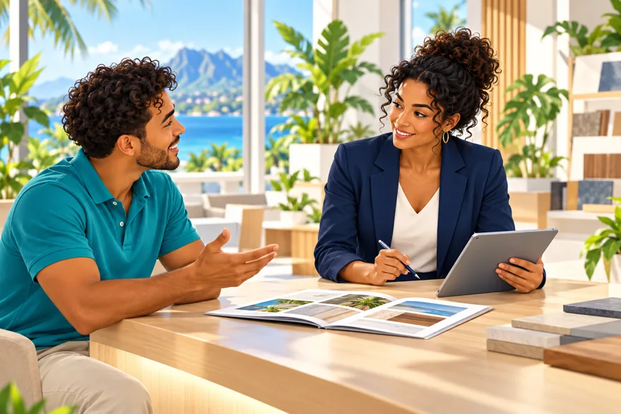 Une conseillère échange avec un client dans un espace commercial.